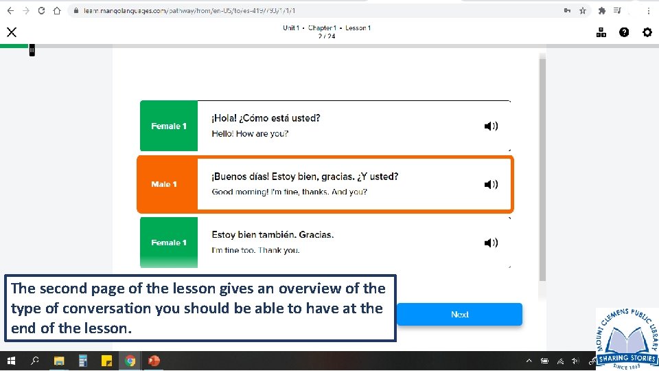 The second page of the lesson gives an overview of the type of conversation