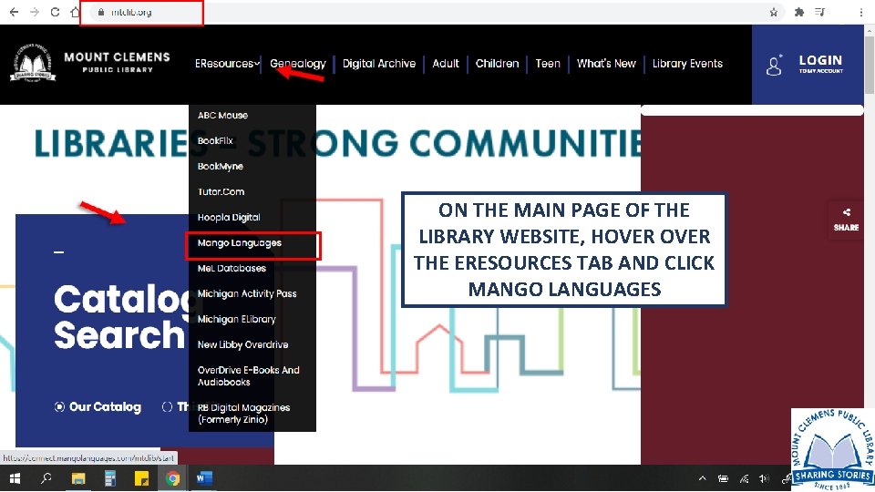 ON THE MAIN PAGE OF THE LIBRARY WEBSITE, HOVER THE ERESOURCES TAB AND CLICK