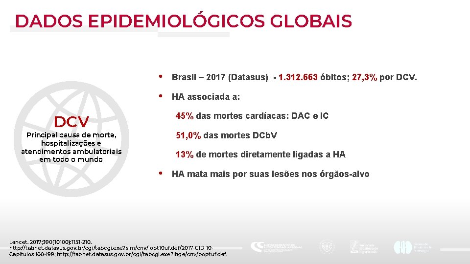 DADOS EPIDEMIOLÓGICOS GLOBAIS • Brasil – 2017 (Datasus) - 1. 312. 663 óbitos; 27,