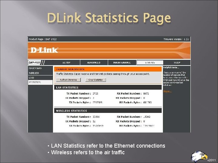 DLink Statistics Page • LAN Statistics refer to the Ethernet connections • Wireless refers