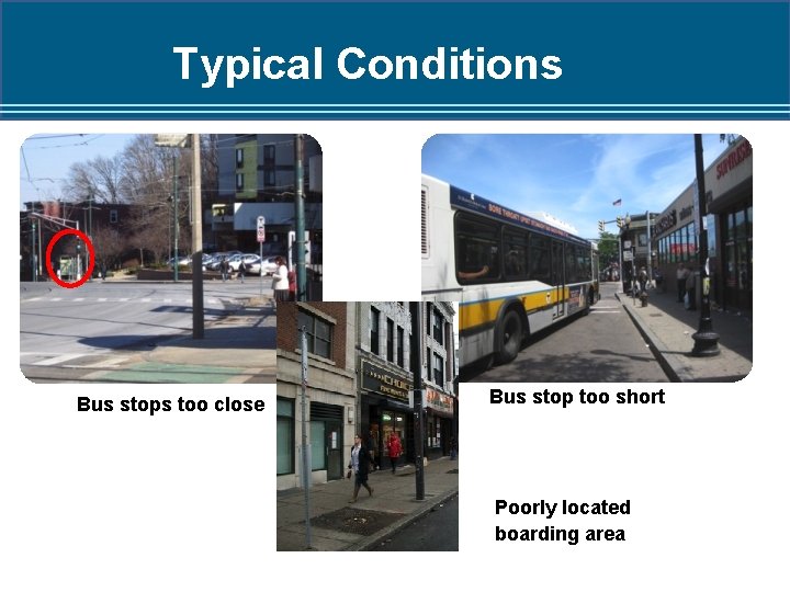 Typical Conditions Bus stops too close Bus stop too short Poorly located boarding area