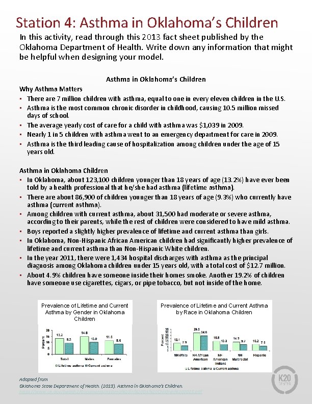 Station 4: Asthma in Oklahoma’s Children In this activity, read through this 2013 fact