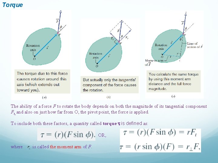 Torque The ability of a force F to rotate the body depends on both