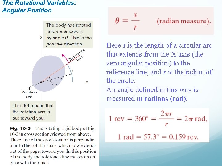 The Rotational Variables: Angular Position Here s is the length of a circular arc