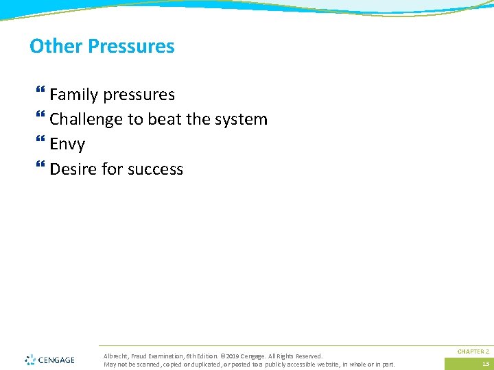 Other Pressures } Family pressures } Challenge to beat the system } Envy }