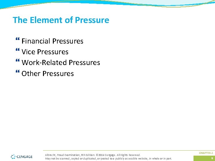 The Element of Pressure } Financial Pressures } Vice Pressures } Work-Related Pressures }