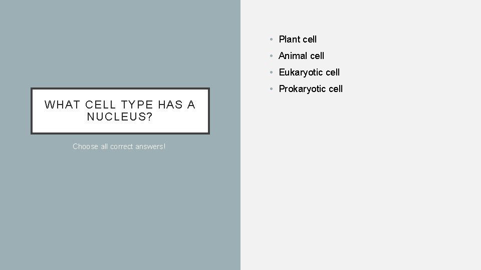  • Plant cell • Animal cell • Eukaryotic cell • Prokaryotic cell WHAT