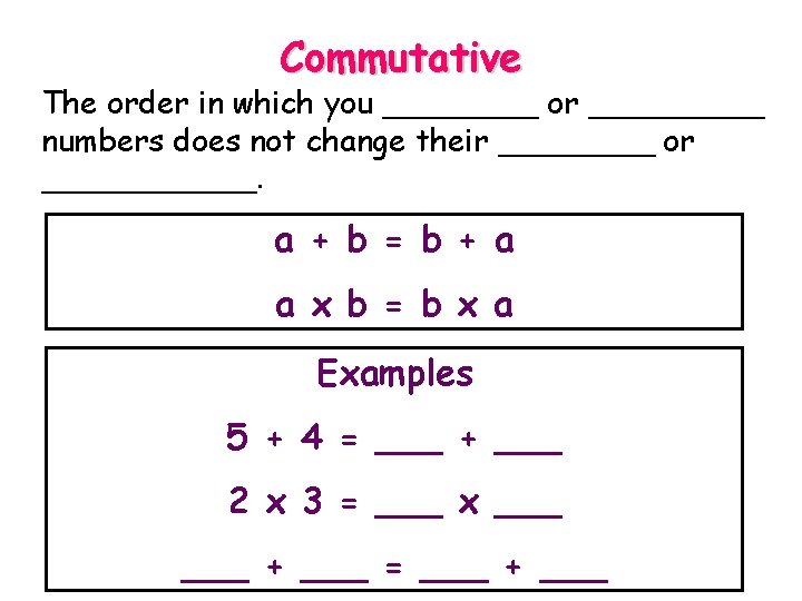 Commutative The order in which you ____ or _____ numbers does not change their