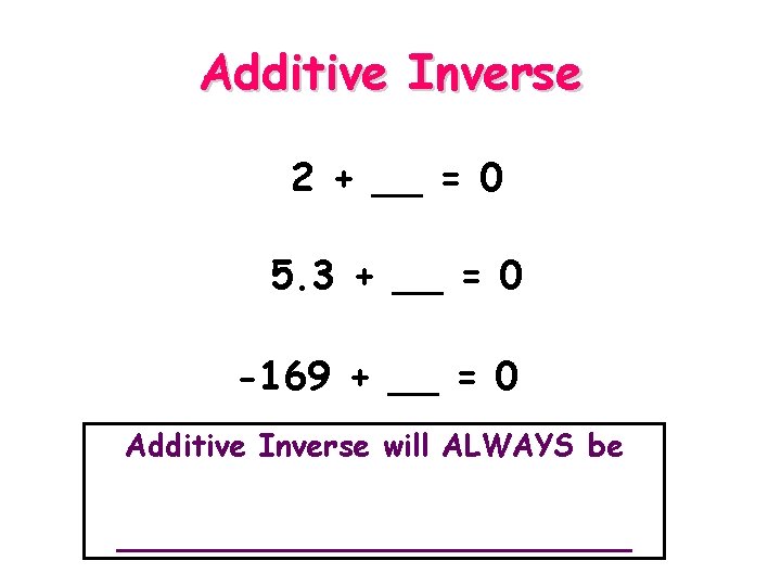Additive Inverse 2 + __ = 0 5. 3 + __ = 0 -169