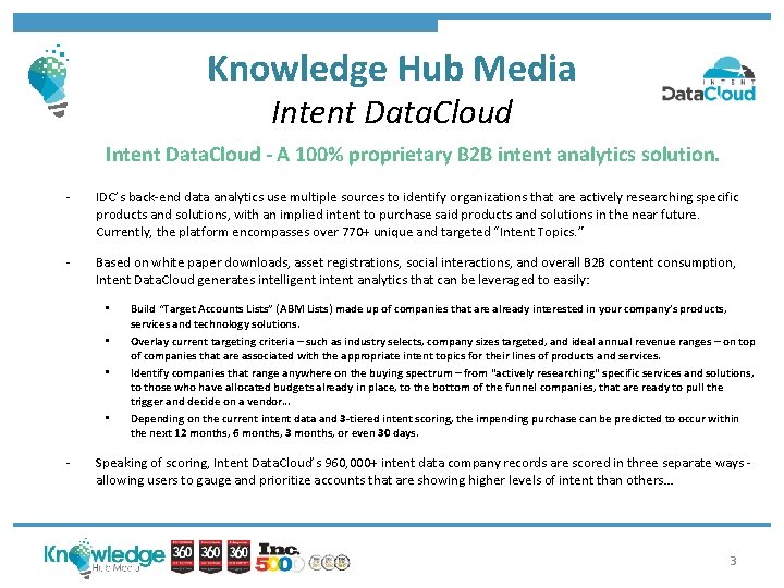 Knowledge Hub Media Intent Data. Cloud - A 100% proprietary B 2 B intent