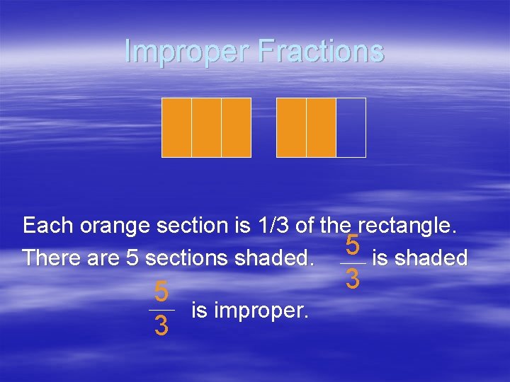 Improper Fractions Each orange section is 1/3 of the rectangle. There are 5 sections