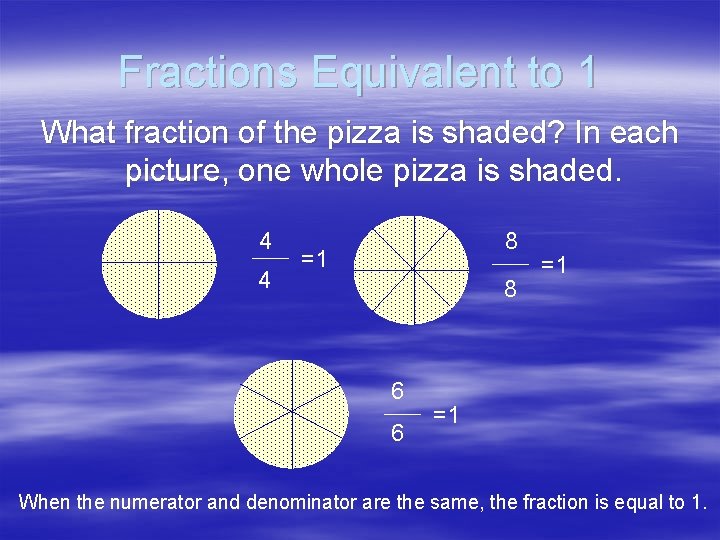 Fractions Equivalent to 1 What fraction of the pizza is shaded? In each picture,