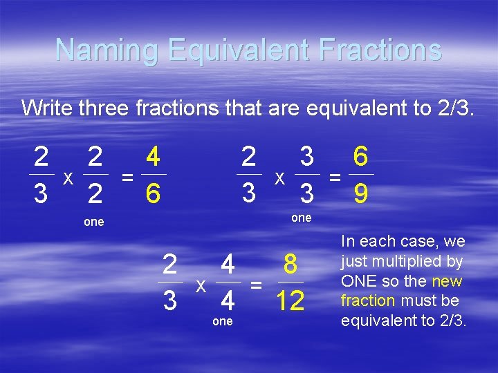 Naming Equivalent Fractions Write three fractions that are equivalent to 2/3. 2 3 X