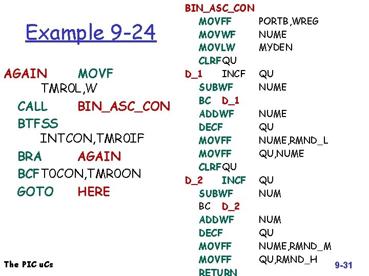 Example 9 -24 AGAIN MOVF TMR 0 L, W CALL BIN_ASC_CON BTFSS INTCON, TMR