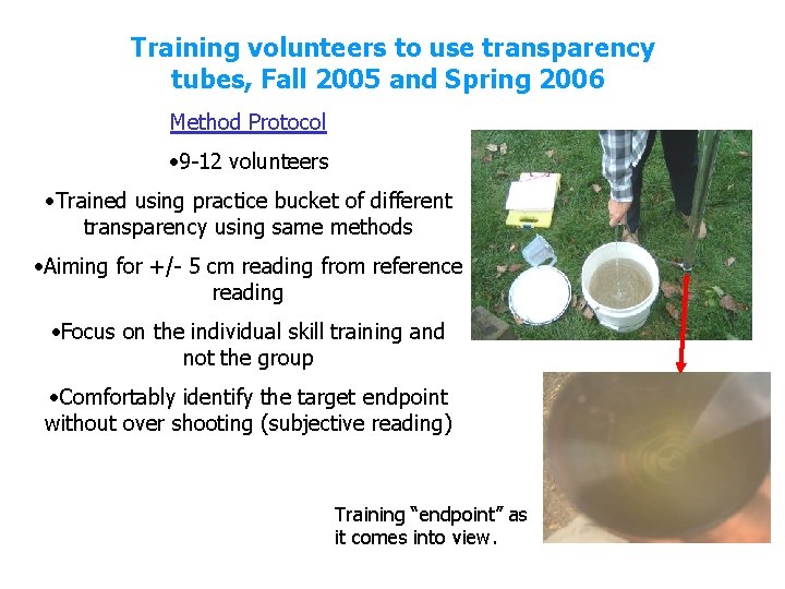 Training volunteers to use transparency tubes, Fall 2005 and Spring 2006 Method Protocol •