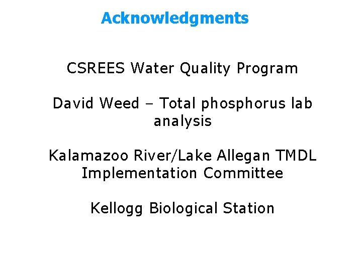 Acknowledgments CSREES Water Quality Program David Weed – Total phosphorus lab analysis Kalamazoo River/Lake