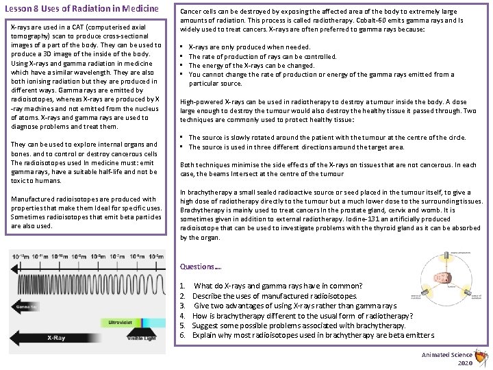 Lesson 8 Uses of Radiation in Medicine X-rays are used in a CAT (computerised