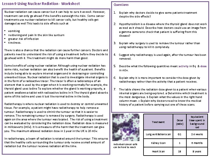 Lesson 9 Using Nuclear Radiation - Worksheet Nuclear radiation cause cancer but it can