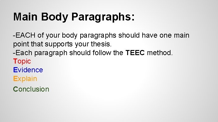 Main Body Paragraphs: -EACH of your body paragraphs should have one main point that
