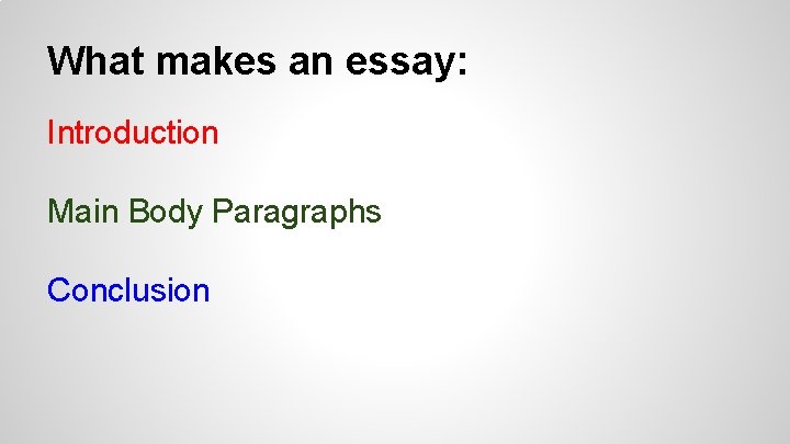 What makes an essay: Introduction Main Body Paragraphs Conclusion 