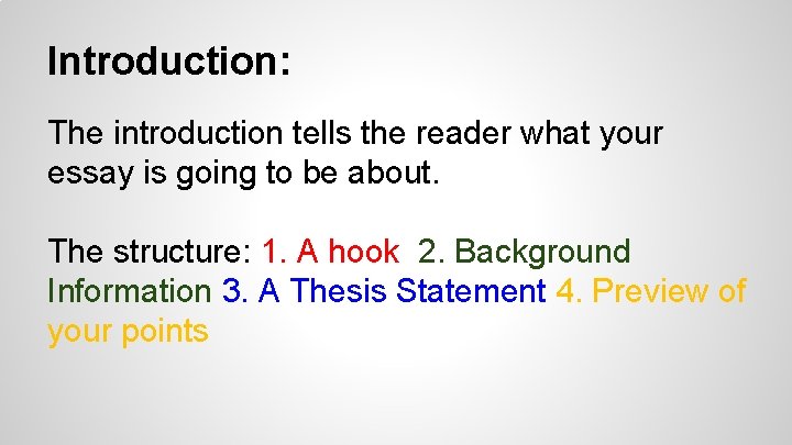 Introduction: The introduction tells the reader what your essay is going to be about.