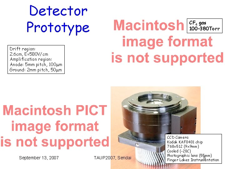 Detector Prototype CF 4 gas 100 -380 Torr Drift region: 2. 6 cm, E=580