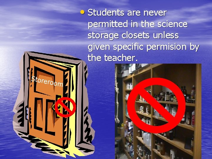  • Students are never permitted in the science storage closets unless given specific