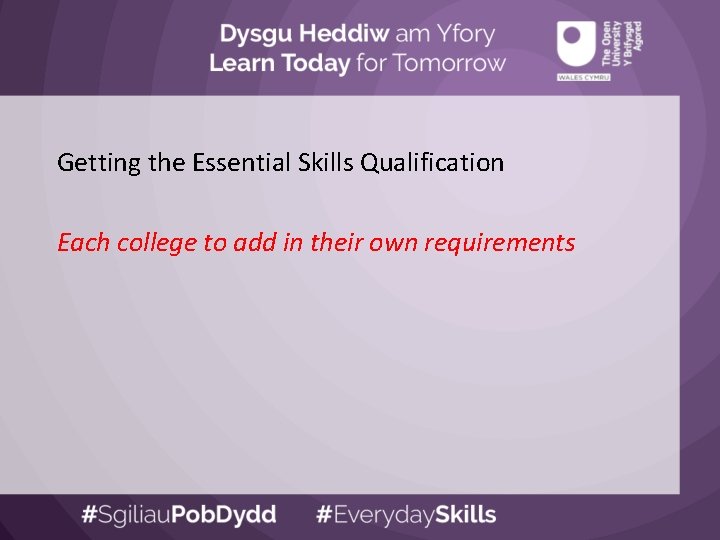 Getting the Essential Skills Qualification Each college to add in their own requirements 