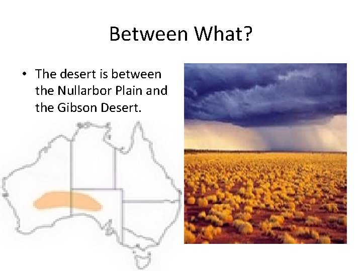 Between What? • The desert is between the Nullarbor Plain and the Gibson Desert.