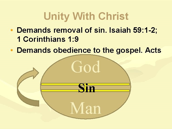 Unity With Christ • Demands removal of sin. Isaiah 59: 1 -2; 1 Corinthians