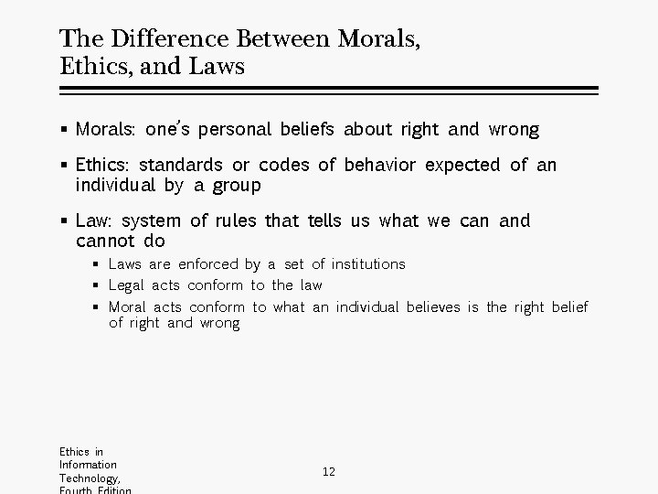 The Difference Between Morals, Ethics, and Laws § Morals: one’s personal beliefs about right