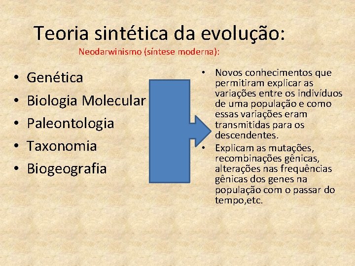 Teoria sintética da evolução: Neodarwinismo (síntese moderna): • • • Genética Biologia Molecular Paleontologia