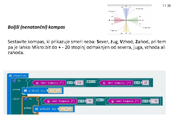 11. 36 Boljši (nenatančni) kompas Sestavite kompas, ki prikazuje smeri neba: Sever, Jug, Vzhod,