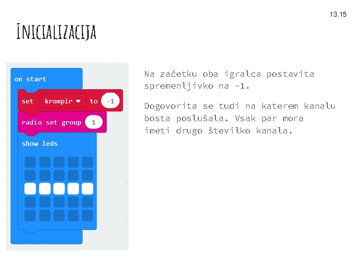 13. 15 Inicializacija Na začetku oba igralca postavita spremenljivko na -1. Dogovorita se tudi