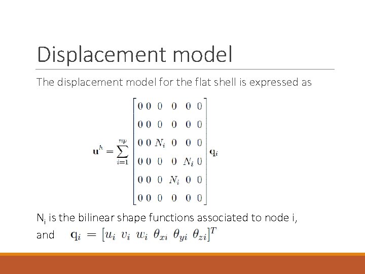Displacement model The displacement model for the flat shell is expressed as Ni is