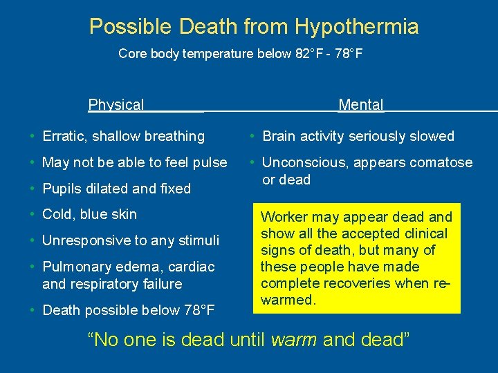 Possible Death from Hypothermia Core body temperature below 82°F - 78°F Physical Mental •