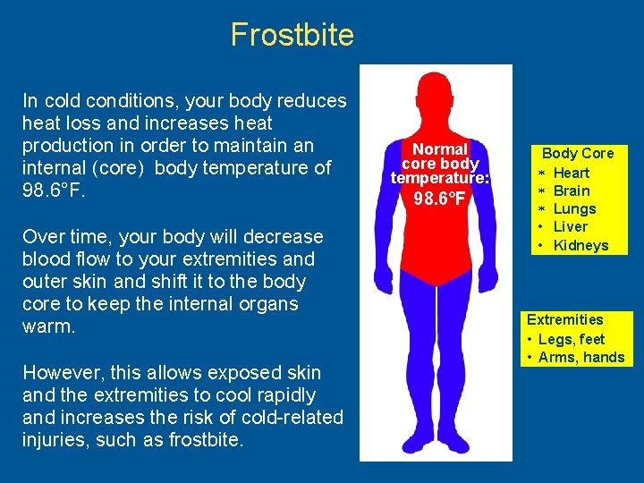 Frostbite In cold conditions, your body reduces heat loss and increases heat production in