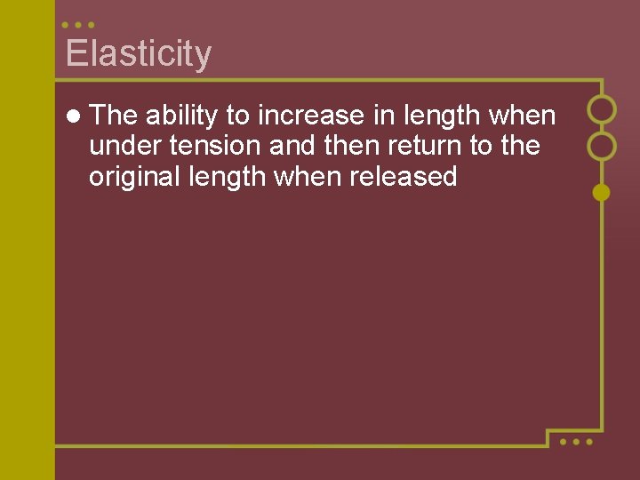 Elasticity l The ability to increase in length when under tension and then return