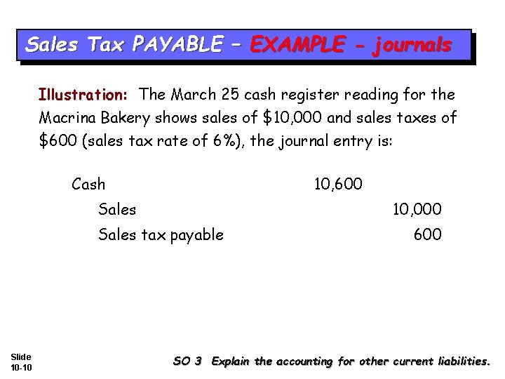 Sales Tax PAYABLE – EXAMPLE - journals Illustration: The March 25 cash register reading