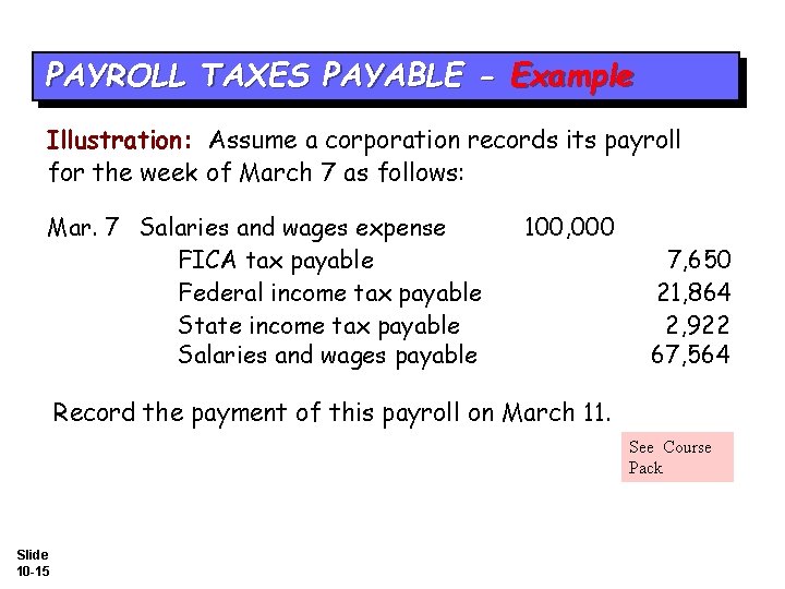 PAYROLL TAXES PAYABLE - Example Illustration: Assume a corporation records its payroll for the