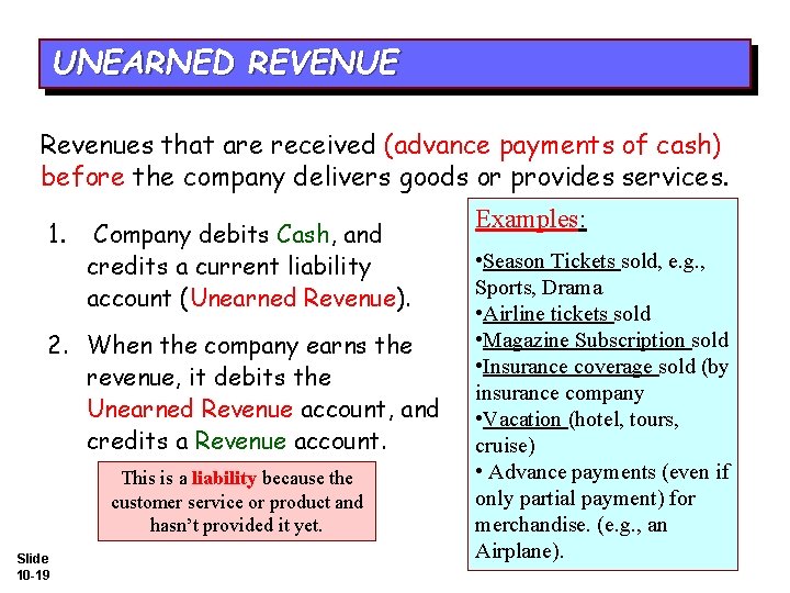 UNEARNED REVENUE Revenues that are received (advance payments of cash) before the company delivers