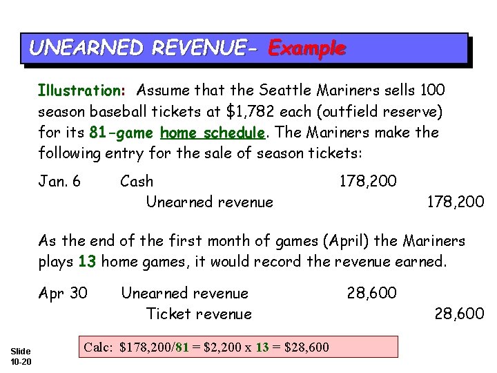 UNEARNED REVENUE- Example Illustration: Assume that the Seattle Mariners sells 100 season baseball tickets