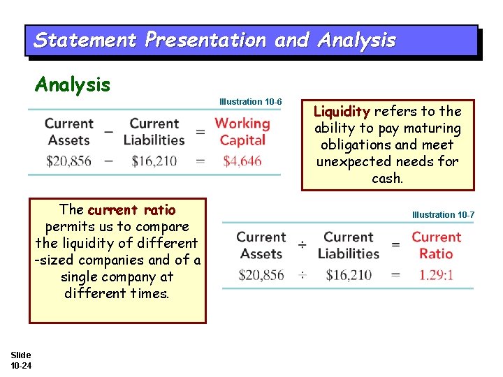 Statement Presentation and Analysis Illustration 10 -6 The current ratio permits us to compare