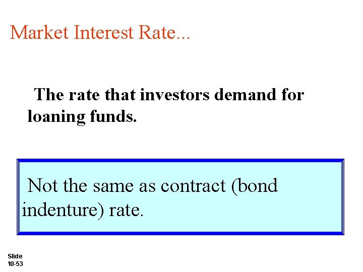 Market Interest Rate. . . The rate that investors demand for loaning funds. Not