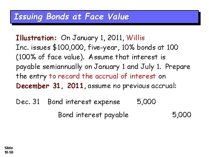 Issuing Bonds at Face Value Illustration: On January 1, 2011, Willis Inc. issues $100,