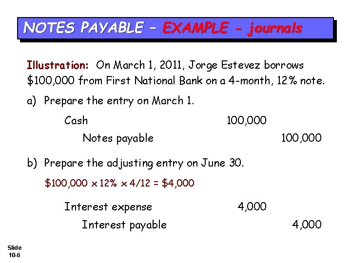 NOTES PAYABLE – EXAMPLE - journals Illustration: On March 1, 2011, Jorge Estevez borrows