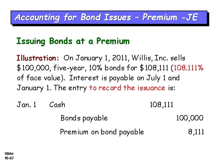 Accounting for Bond Issues – Premium -JE Issuing Bonds at a Premium Illustration: On