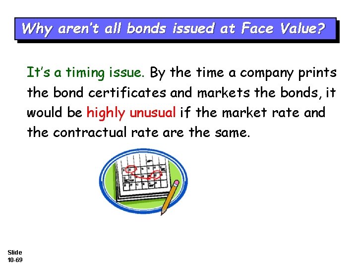 Why aren’t all bonds issued at Face Value? It’s a timing issue. By the