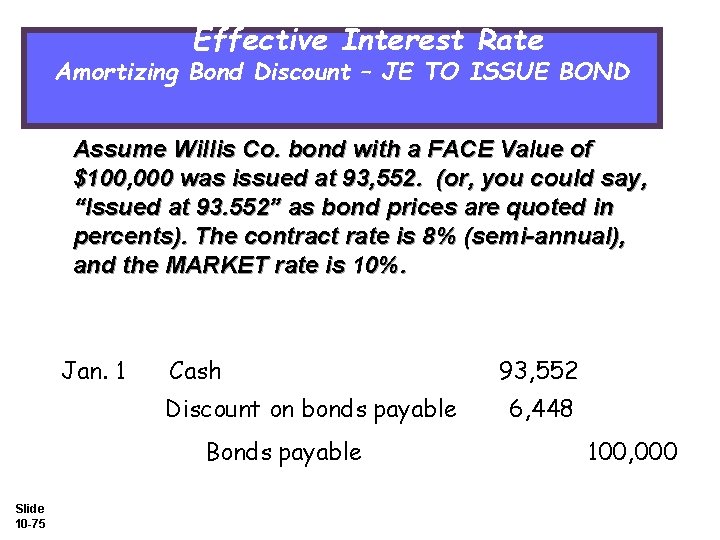 Effective Interest Rate Amortizing Bond Discount – JE TO ISSUE BOND Assume Willis Co.