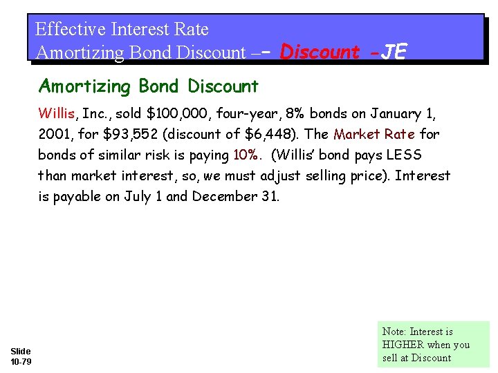 Effective Interest Rate Amortizing Bond Discount –– Discount -JE Amortizing Bond Discount Willis, Inc.